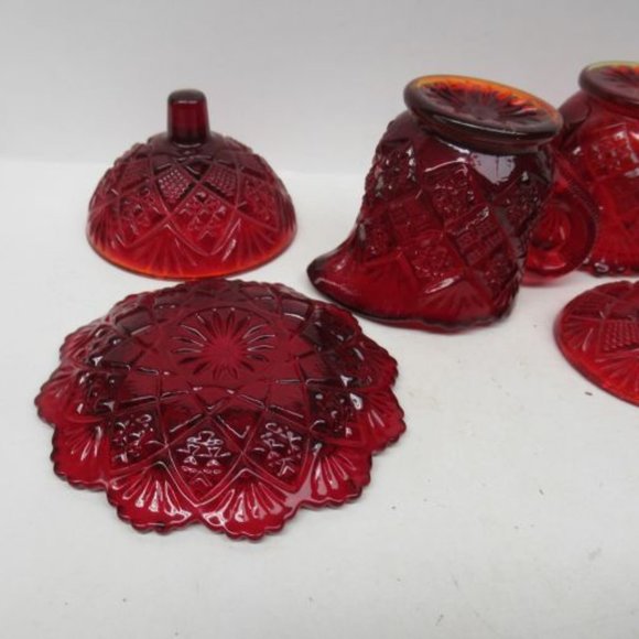 Westmoreland Glass Red FAN and FILE Childs Butter Dish, Creamer, Sugar and Lid - Picture 5 of 5